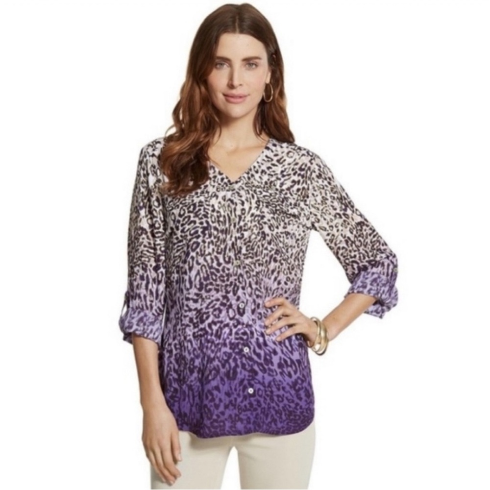 Chicos purple animal print long sleeve blouse size 2 GUC..